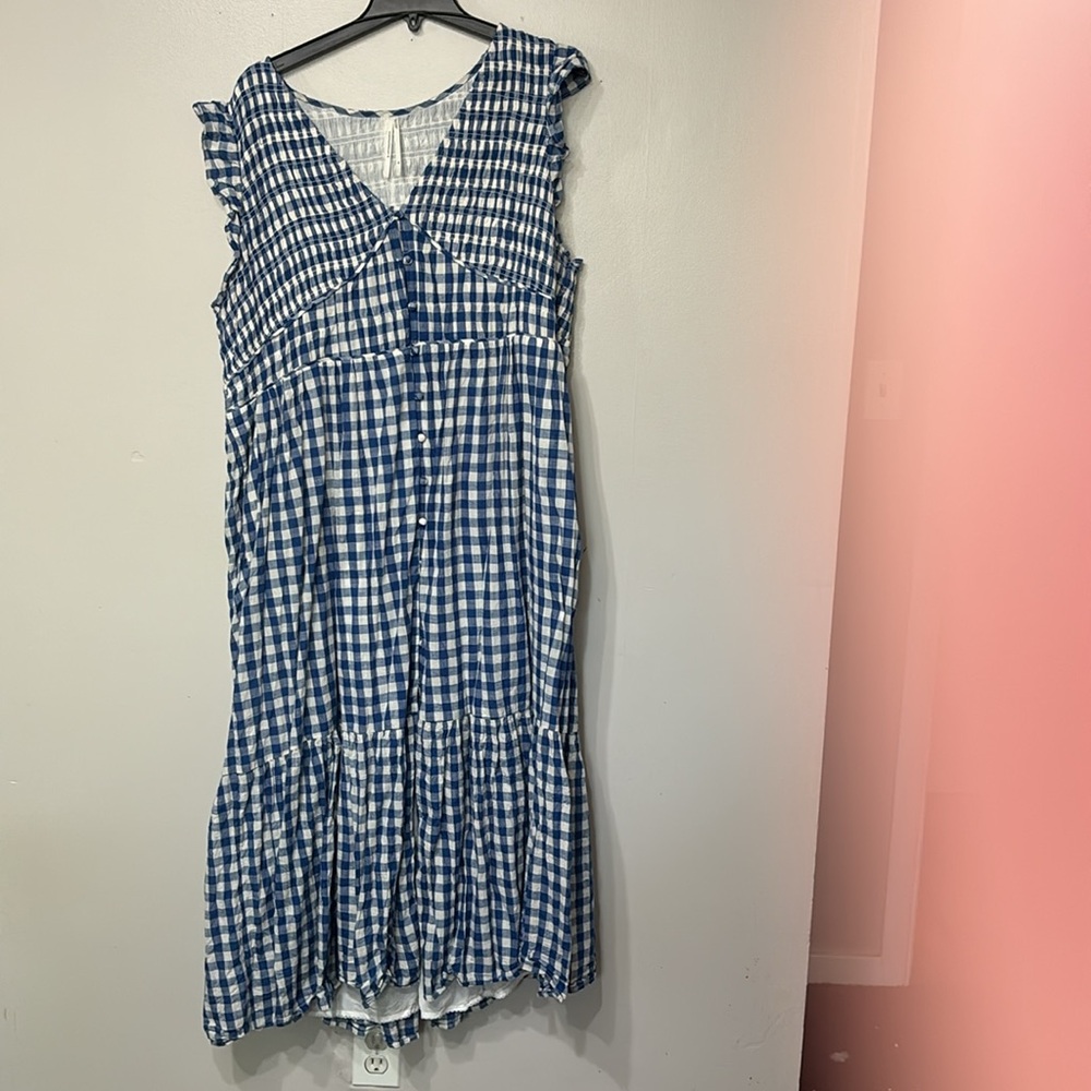 Anthropologie plus size blue and white gingham dress with pockets
